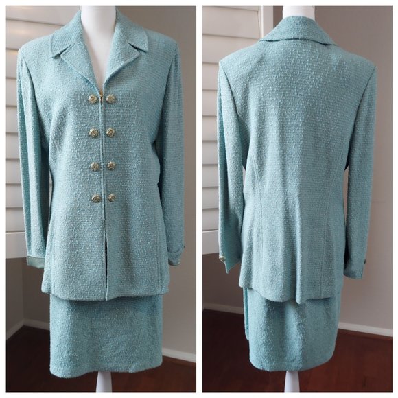 St. John Collection by Marie Gray Dresses & Skirts - Vintage St John Collection by Marie Gray Agua Blue Slub Knit Suit Sz 12